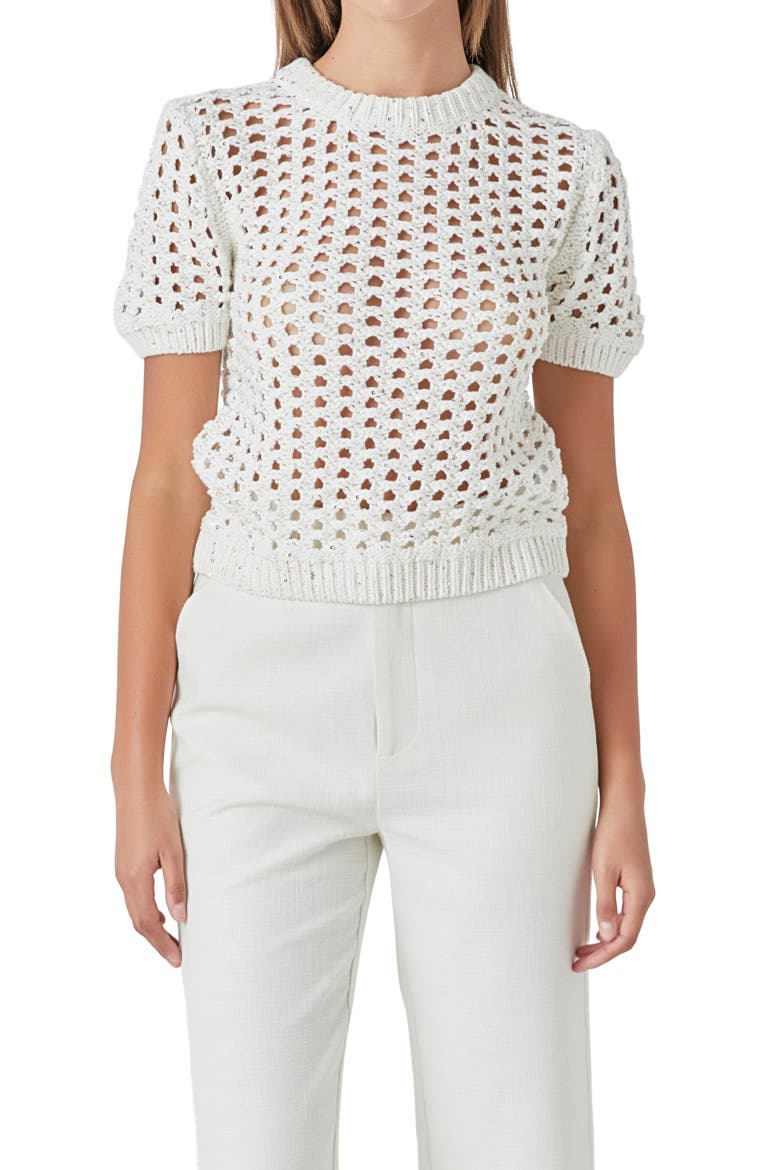 Sequin Open Stitch Sweater, Alternate, color, WHITE