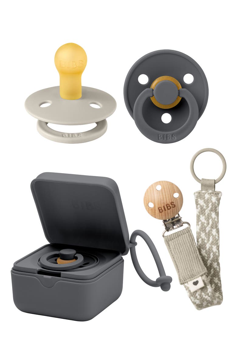 BIBS Pacifer, Pacifier Box & Pacifier Clip Set, Main, color, Sand/ Iron/ Ivory