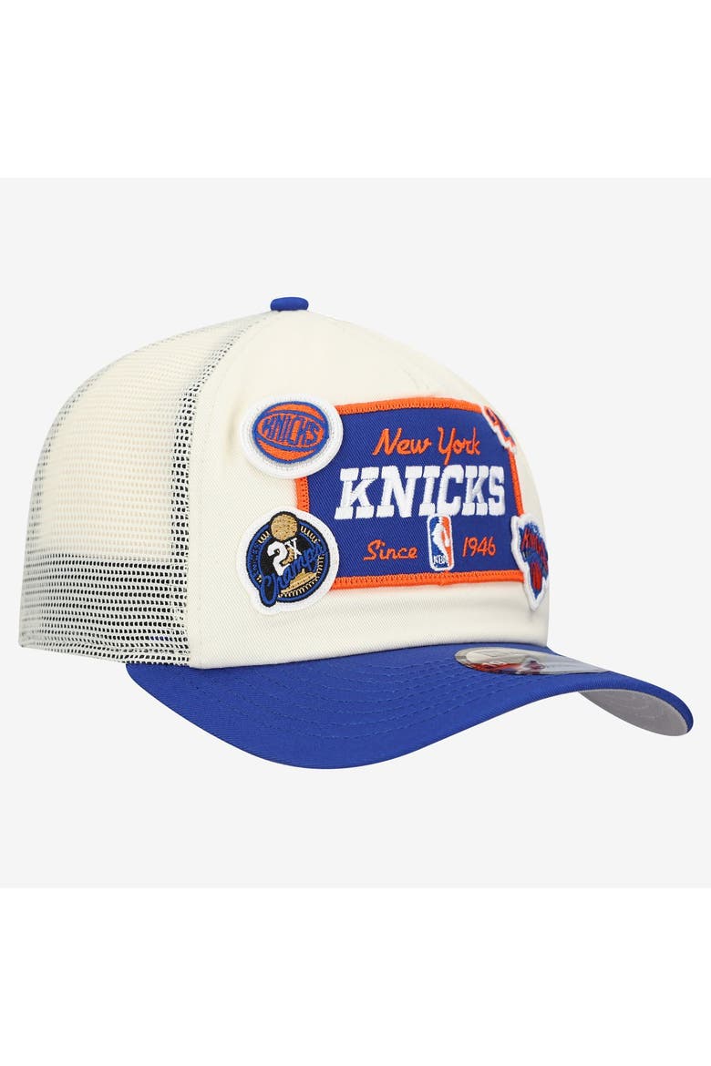 Men's New Era Off White New York Knicks Layered Patch 19TWENTY Adjustable Hat, Alternate, color, Cream