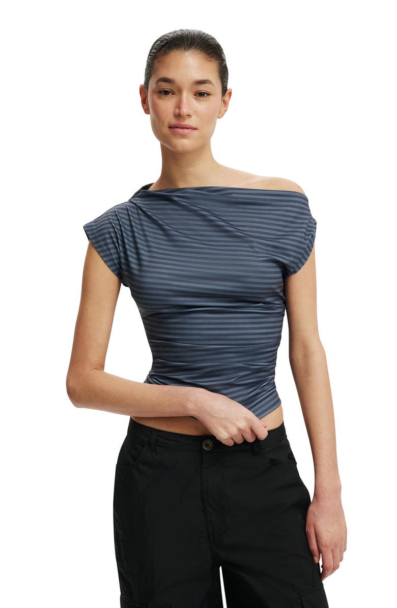 Cotton On Women's Georgie Off Shoulder Short Sleeve, Main, color, Madi Stripe Moonlight Shadow