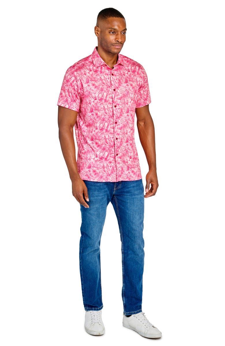 CONSTRUCT Slim Fit Large Monstera 4-Way Stretch Short Sleeve Button-Up Shirt, Alternate, color, Coral