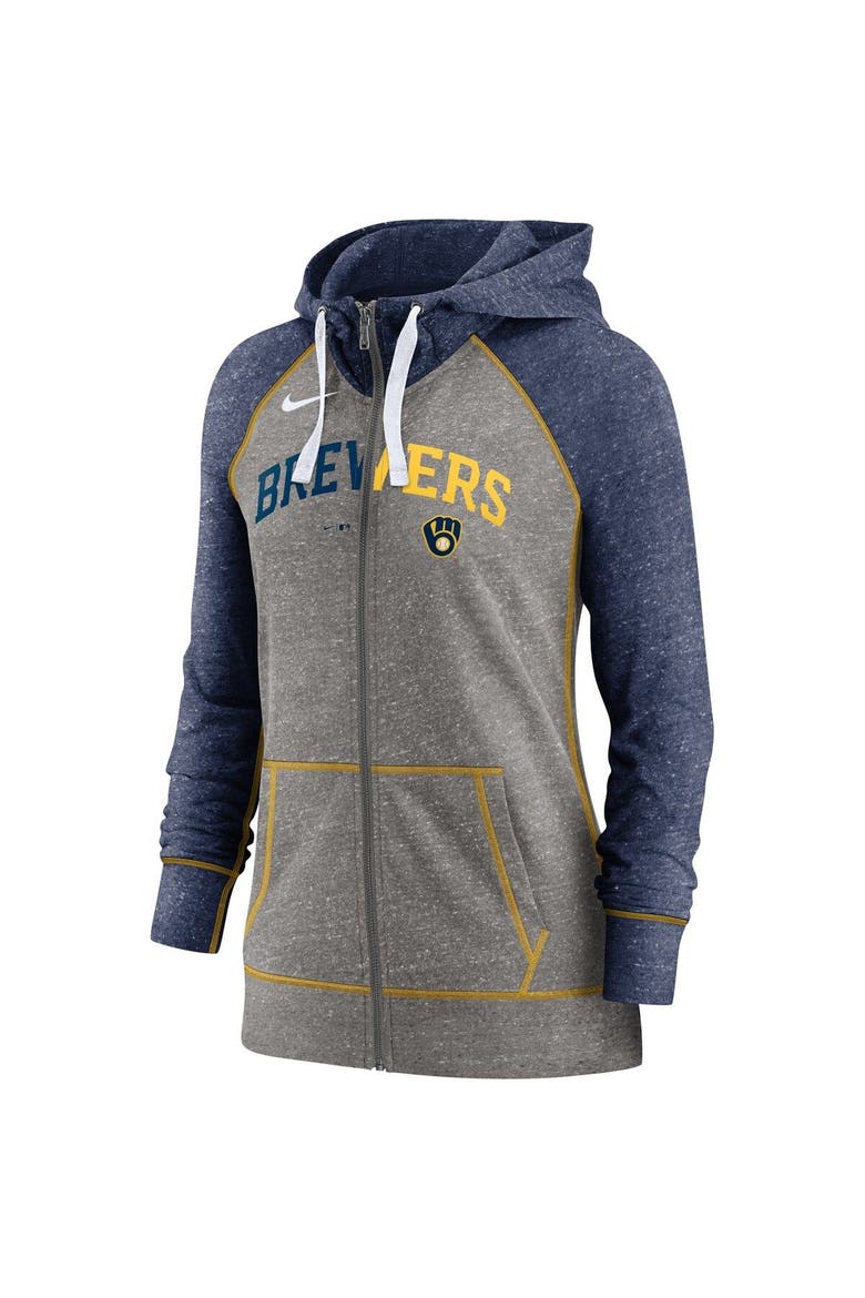 Women's Nike Heathered Charcoal/Heathered Navy Milwaukee Brewers Split Wordmark Gym Vintage Raglan Slub Full-Zip Hoodie, Alternate, color, Heather Charcoal