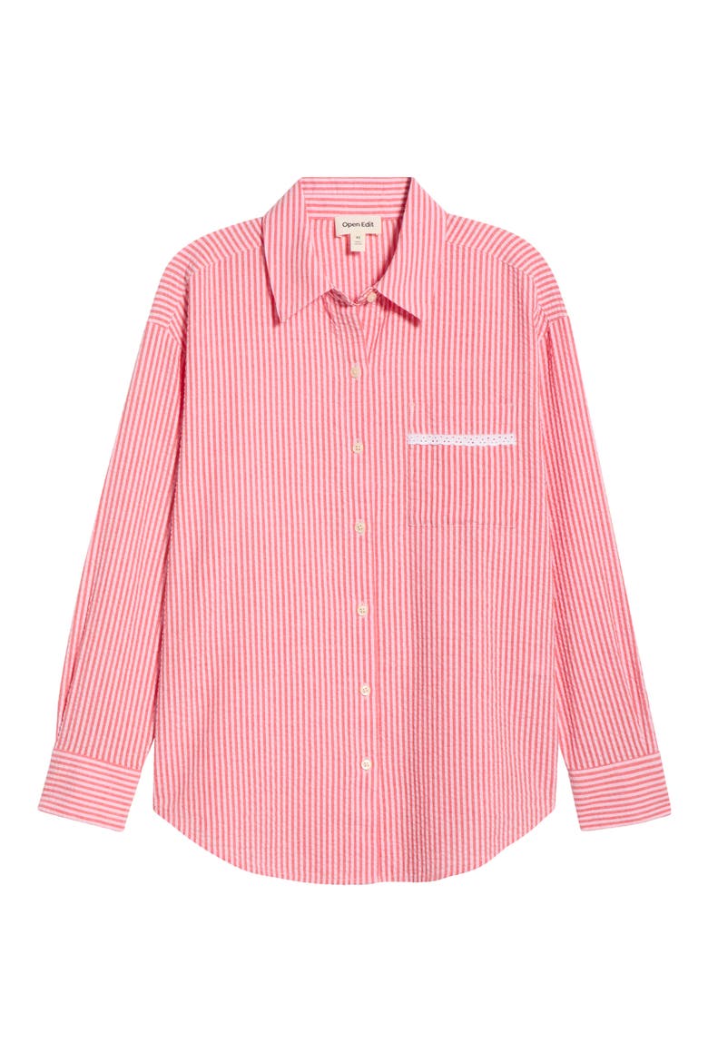 Eyelet Trim Seersucker Cotton Pajama Top, Alternate, color, CORAL- PINK HICKORY STRIPE