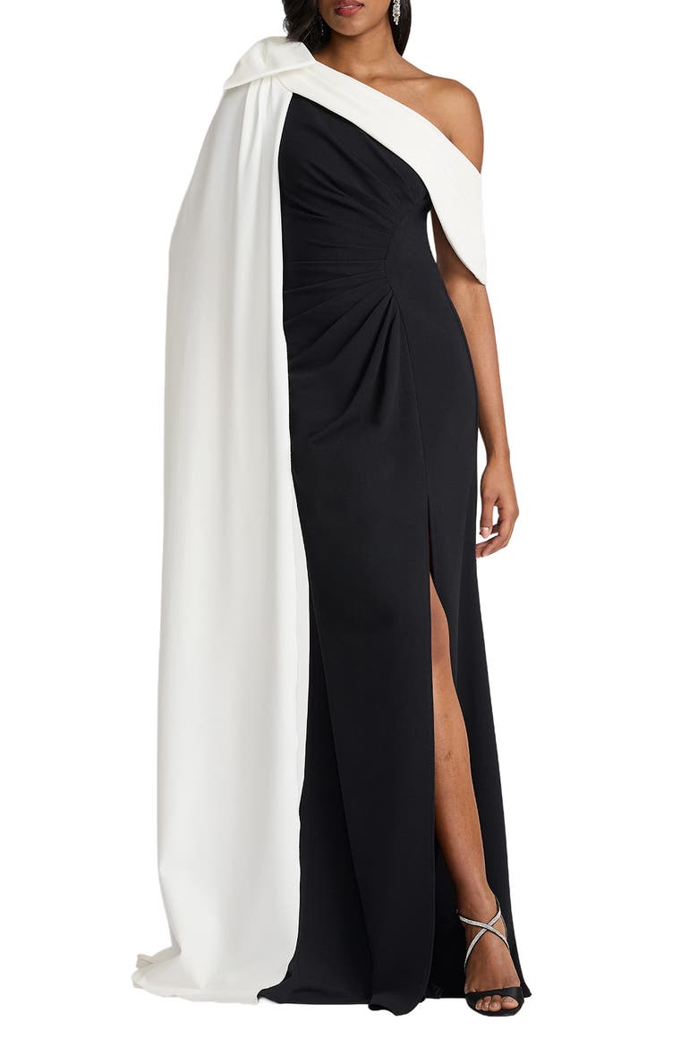 Bow Cape Detail One-Shoulder Gown, Alternate, color, BLACK/ IVORY