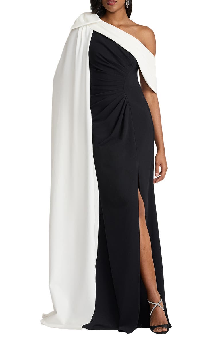 Tadashi Shoji Bow Cape Detail One-Shoulder Gown, Alternate, color, Black/ Ivory