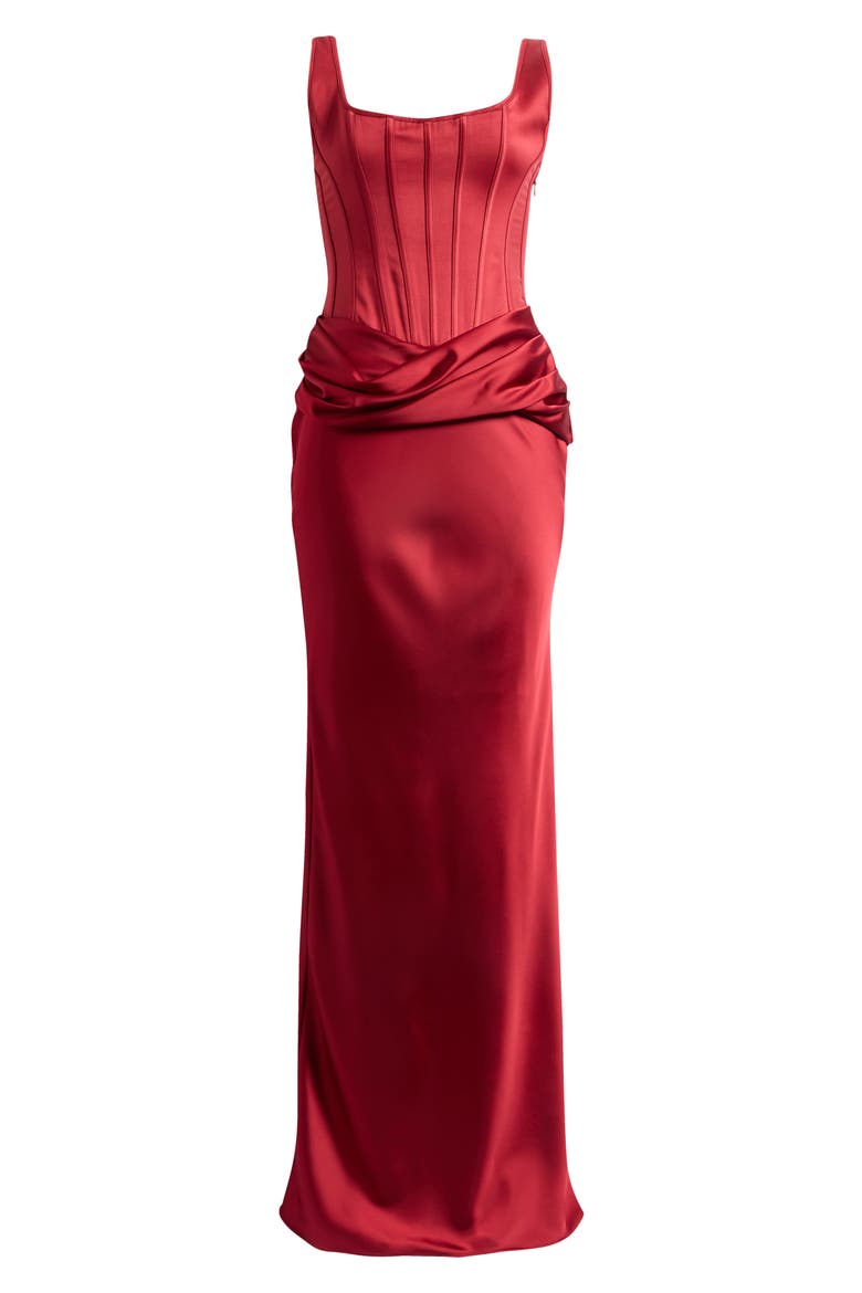 Kira Corset Bodice Satin Gown, Alternate, color, RED