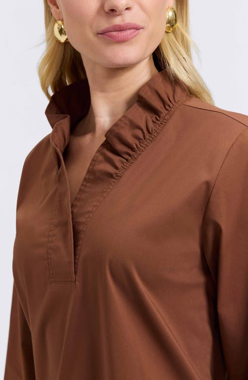 Foxcroft Tammy Ruffle Collar Cotton Blend Top In Brown