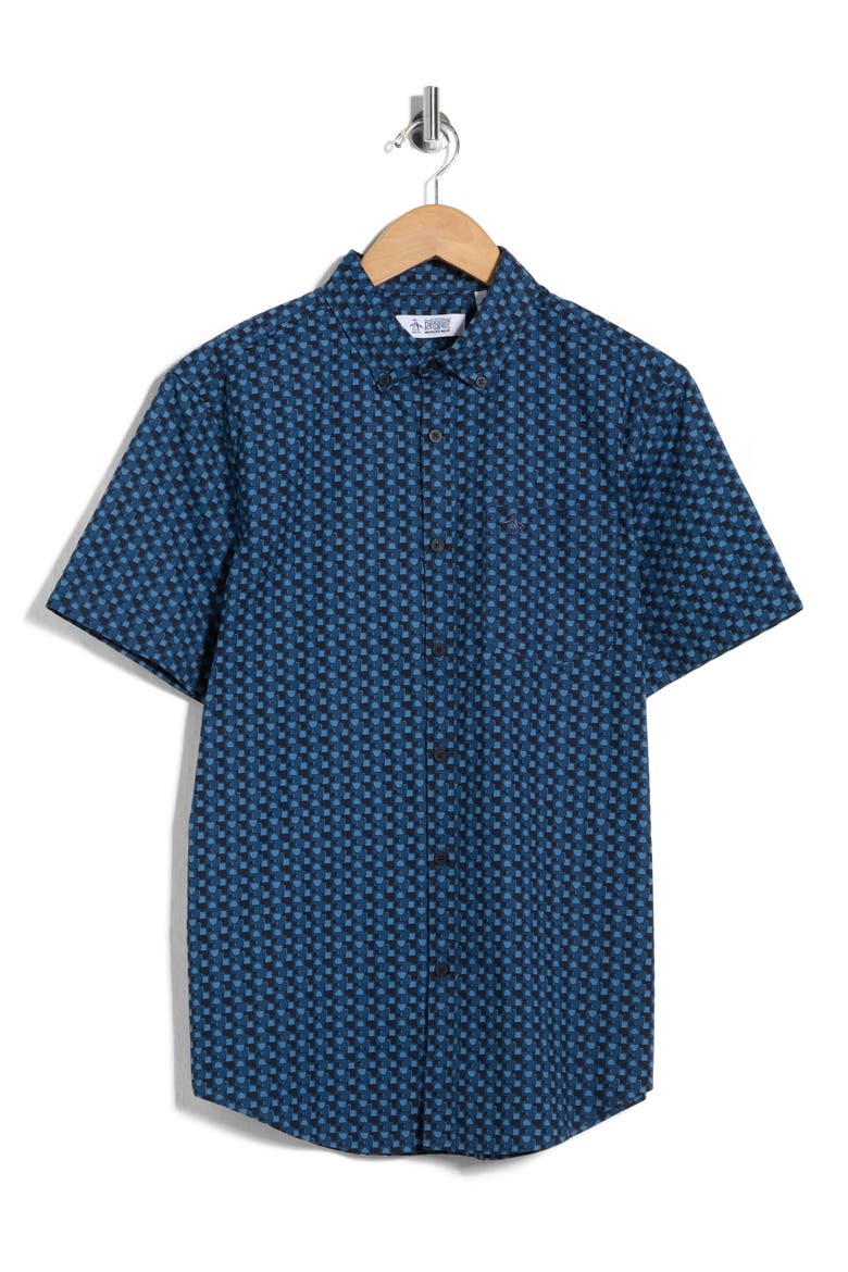 Geo Print Short Sleeve Poplin Shirt, Alternate, color, SARGASSO SEA