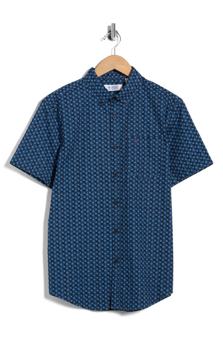 Original Penguin Geo Print Short Sleeve Poplin Shirt, Main, color, Sargasso Sea