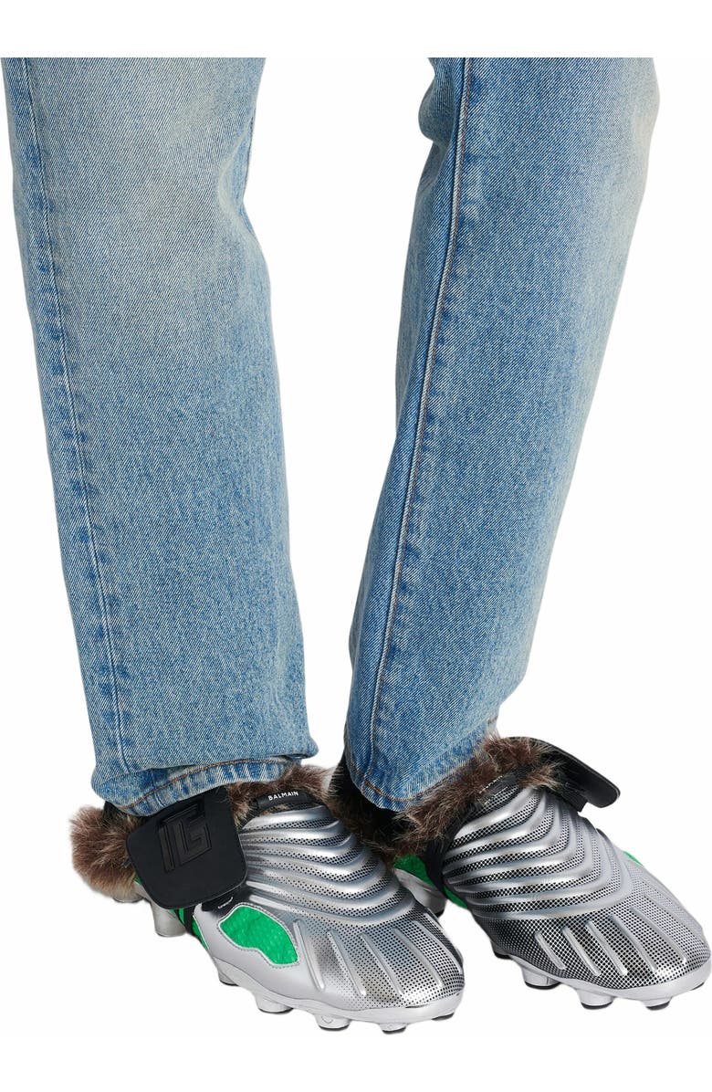 Balmain Half Time Faux Fur-Lined Mules With Technical Fabrics, Alternate, color,