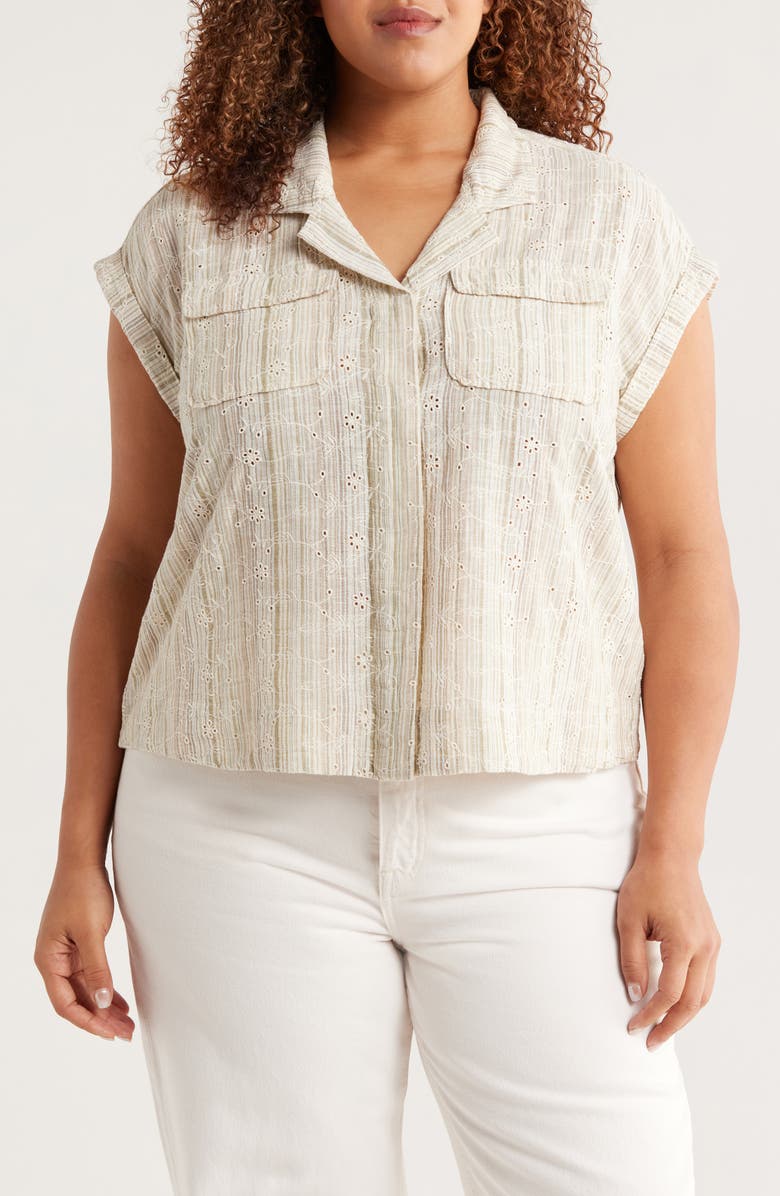 Liverpool Los Angeles Dolman Sleeve Camp Shirt, Main, color, Green/ Tan Stripe