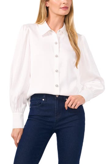 Cece Embellished Satin Button-up Shirt In New Ivory
