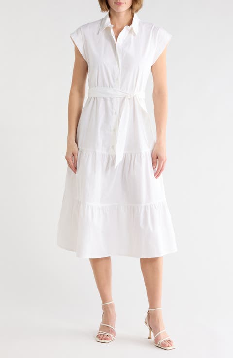 Tie Waist Stretch Cotton Shirtdress