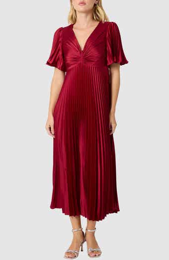 Lush Short Sleeve Pleated Satin Midi Dress