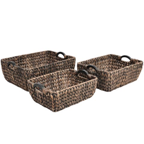 Astor Handwoven Water Hyacinth Nesting Storage Baskets with Wood Handles (Set of 3)