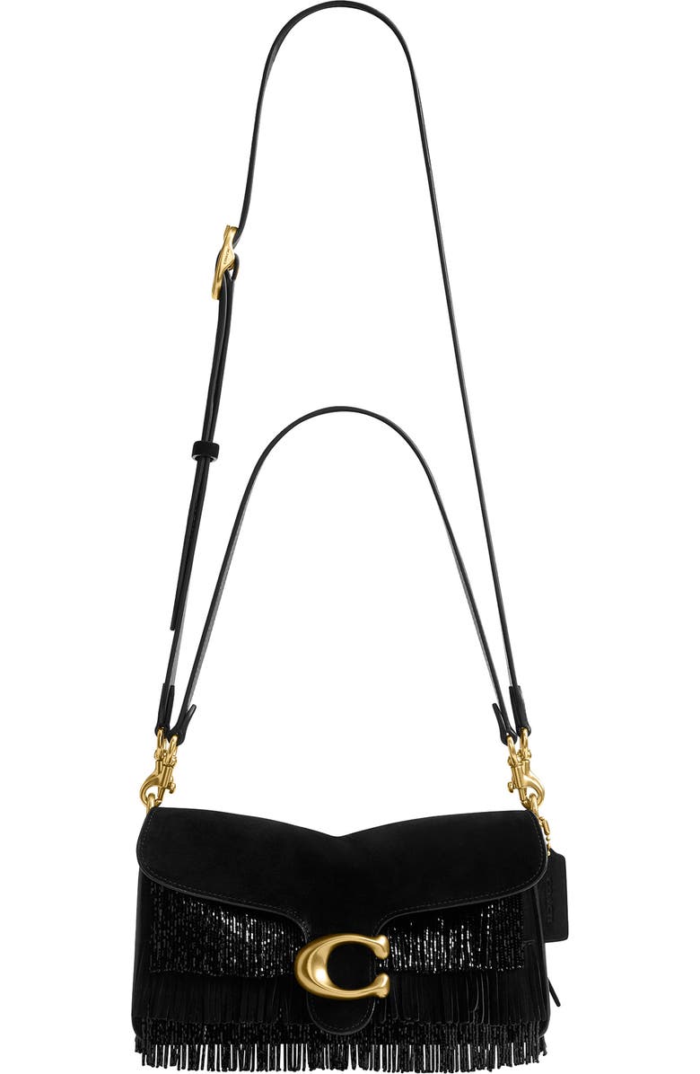 COACH Tabby Crystal Beaded Fringe Leather Shoulder Bag, Main, color, B4/ Black
