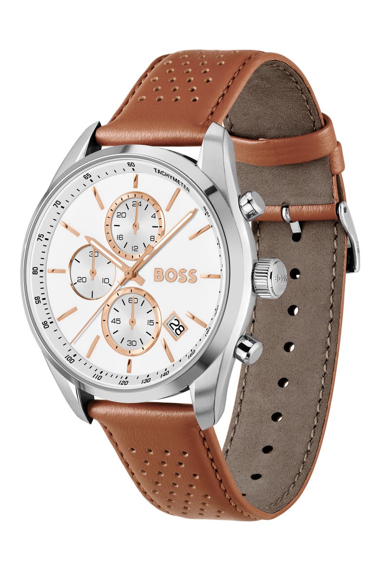 Grand Prix Chronograph Leather Strap Watch, 44mm, Alternate, color, WHITE