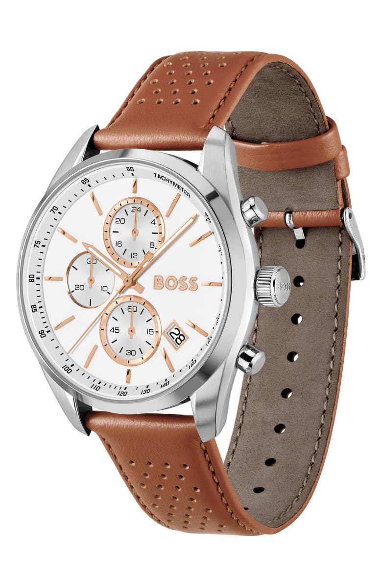 BOSS Grand Prix Chronograph Leather Strap Watch, 44mm, Alternate, color, 