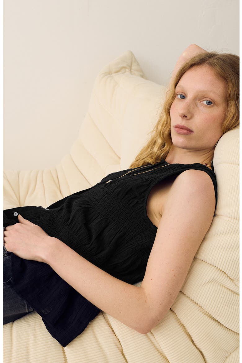Shirred Button Top, Alternate, color, BLACK