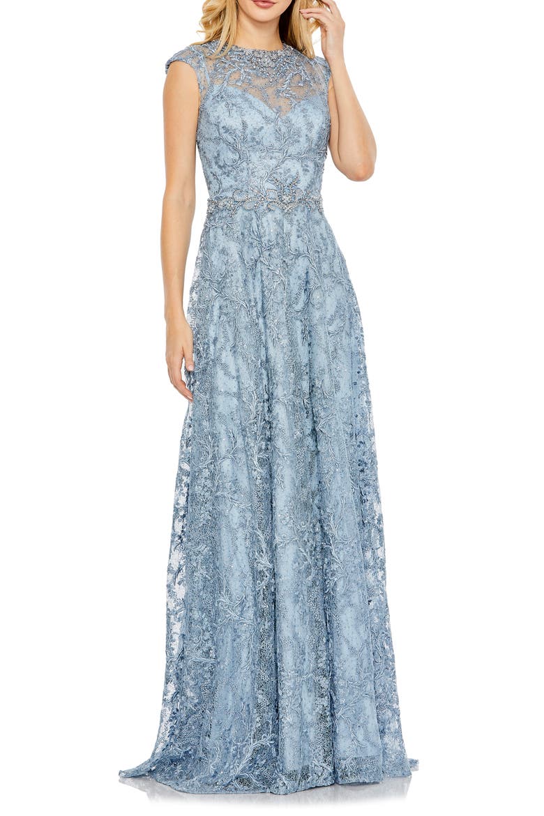 Women’s Lace Embellished Cap Sleeve Formal Gown, Main, color, SLATE BLUE