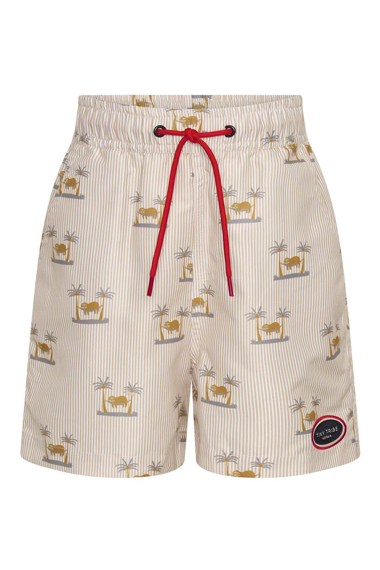 Kids' Chillin' Stripe UPF 50+ Swim Trunks, Main, color, BEIGE MULTI