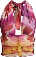 Feners Festa Print Plunge Halter Neck Crop Top