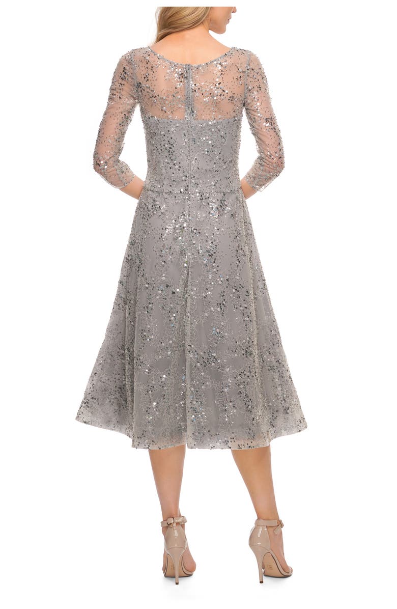 La Femme Lace Tea Length Dress with Flare Skirt and High Neckline, Alternate, color, Silver