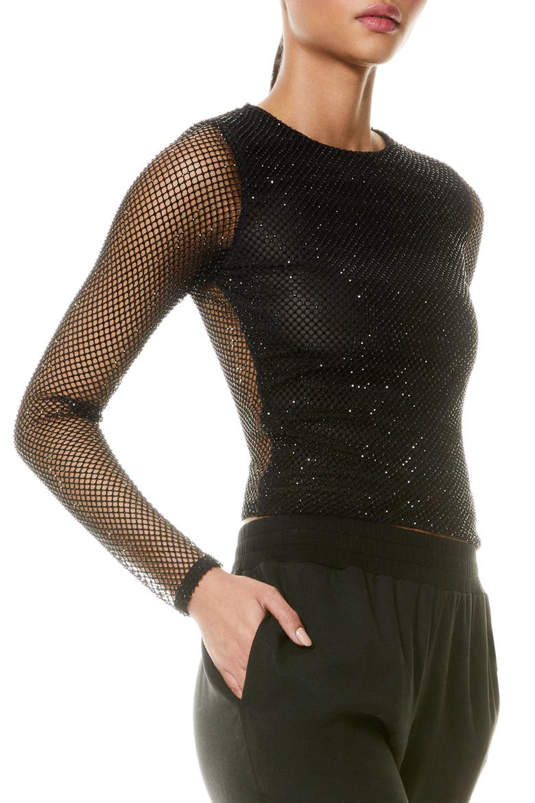Delaina Mesh & Bead Embellished Long Sleeve Crop Top, Alternate, color, BLACK