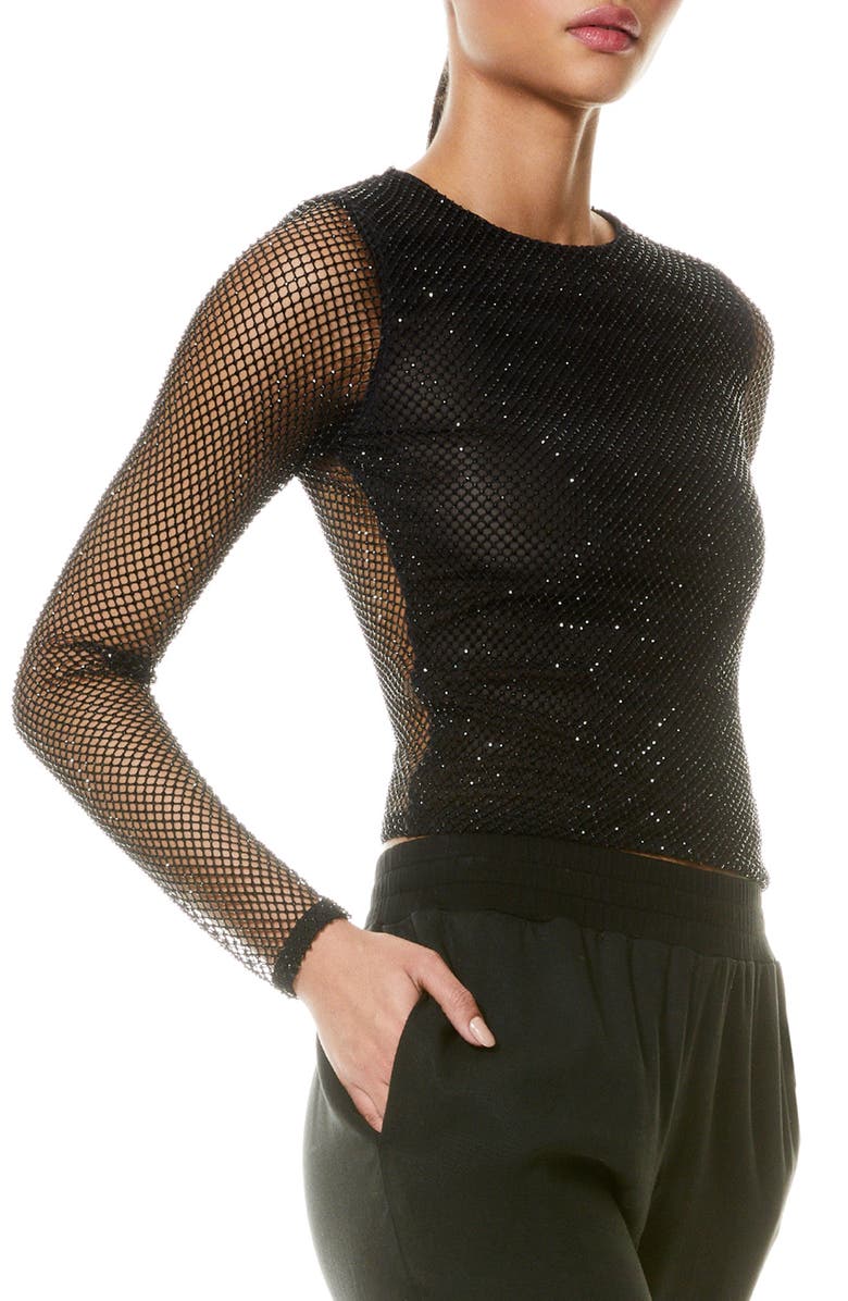 Alice + Olivia Delaina Mesh & Bead Embellished Long Sleeve Crop Top, Alternate, color, 