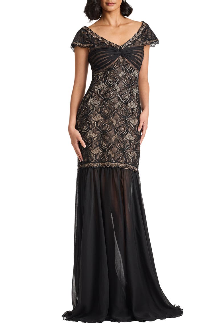 Off the Shoulder Mixed Media Lace Gown, Main, color, BLACK/ NUDE