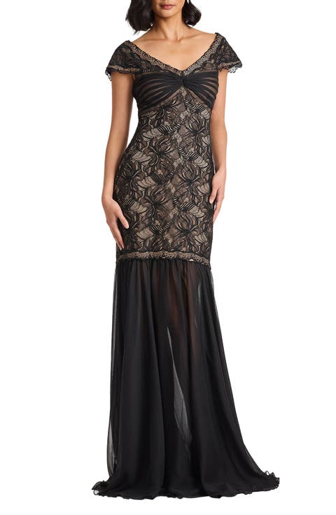 Off the Shoulder Mixed Media Lace Gown
