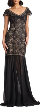 Tadashi Shoji Off the Shoulder Mixed Media Lace Gown