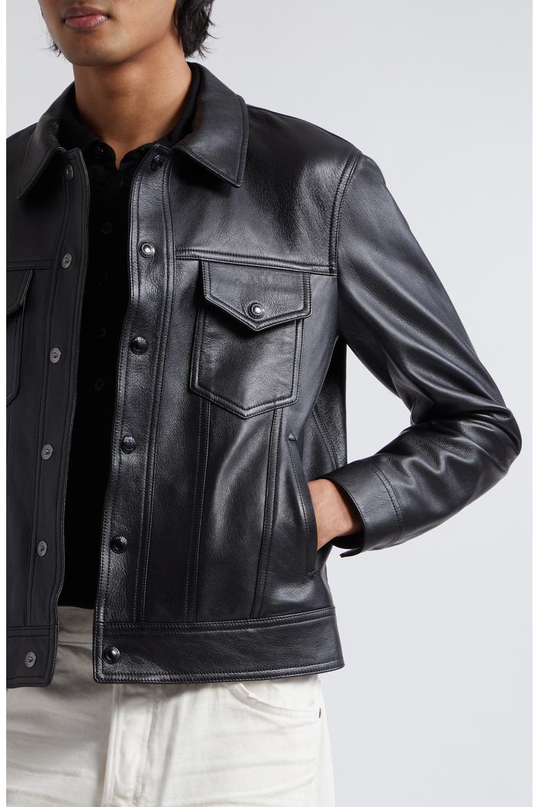 Grained Goatskin Leather Trucker Jacket, Alternate, color, BLACK