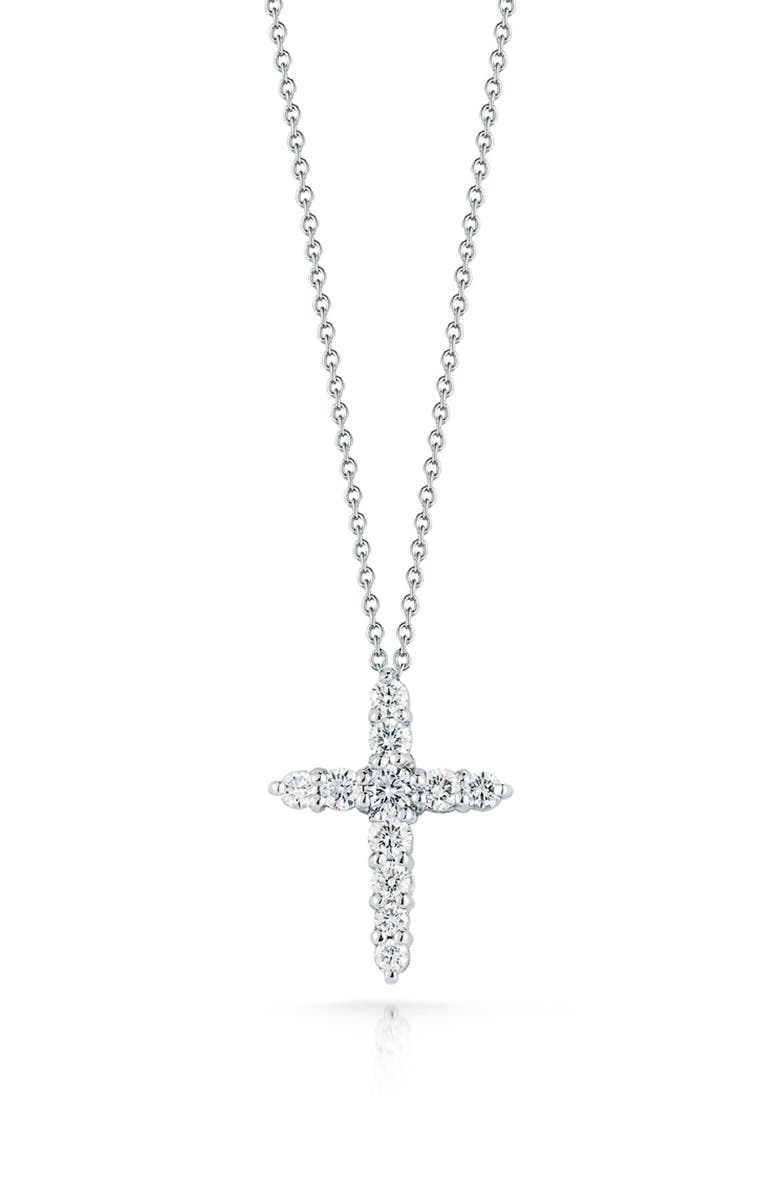 Roberto Coin Tiny Treasures Diamond Cross Pendant Necklace, Main, color, White Gold