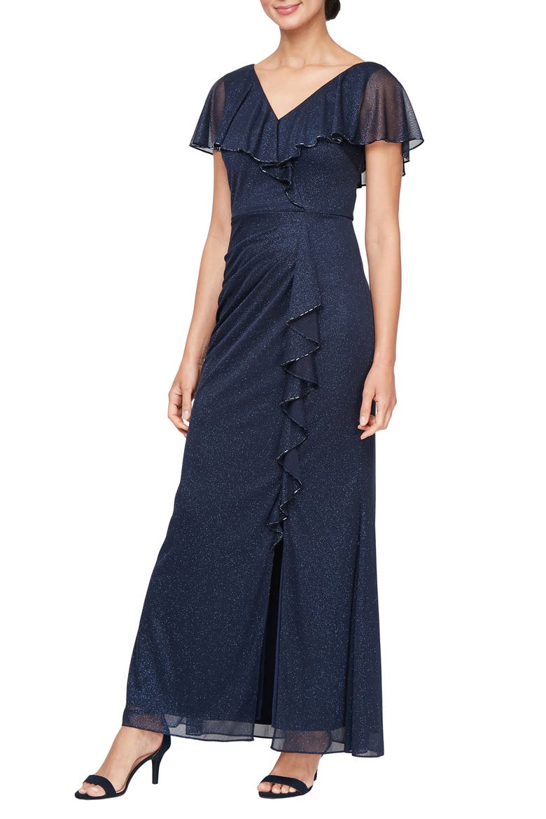 Beaded Shimmer Capelet Gown, Main, color, NAVY