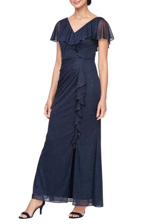 SL FASHIONS Beaded Shimmer Capelet Gown (Petite)