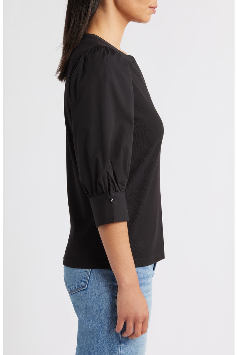 Mixed Media Puff Sleeve Top, Alternate, color, BLACK