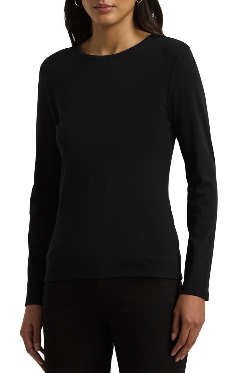 Lauren Ralph Lauren Long Sleeve Cotton Blend Top, Main, color, Black