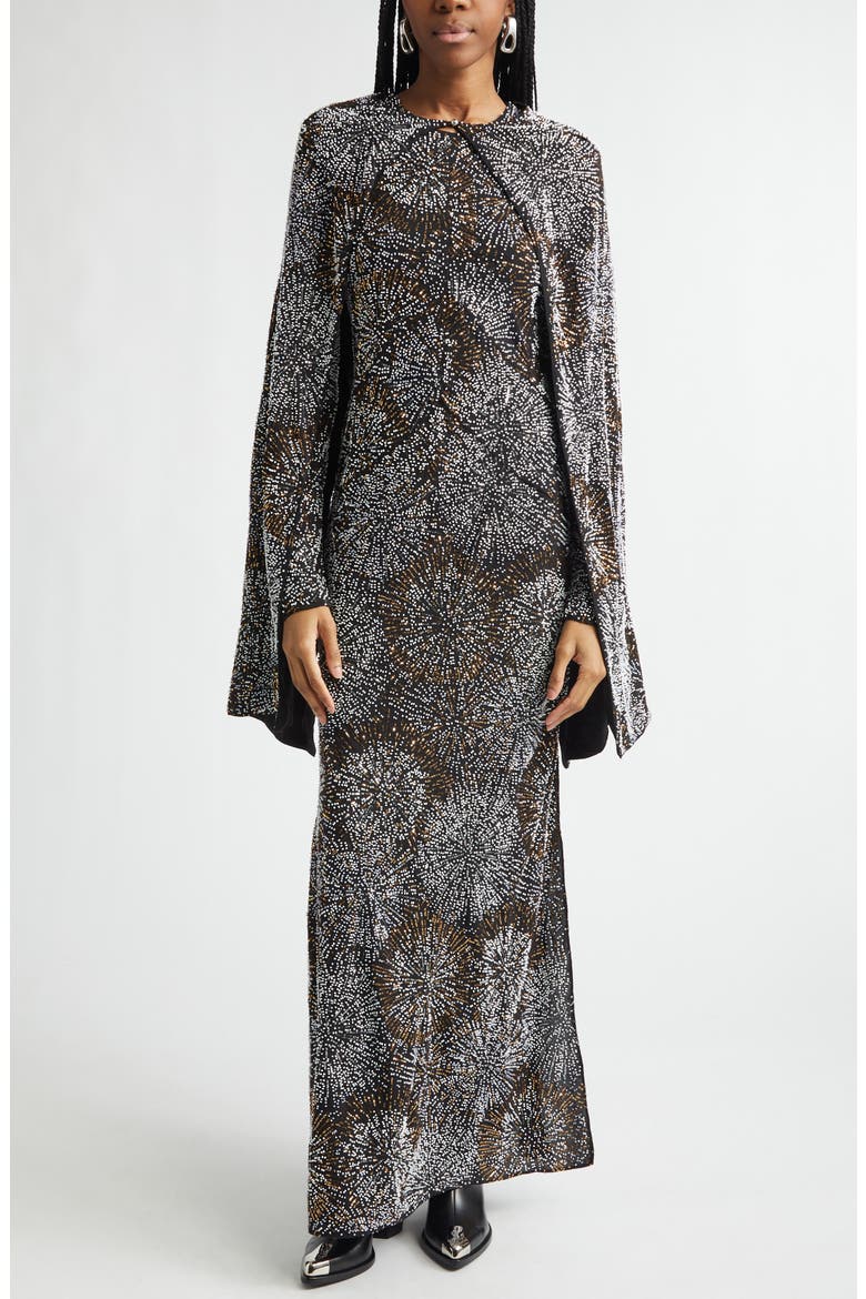Firework Embellished Long Sleeve Crepe Gown with Detachable Cape, Main, color, BLACK