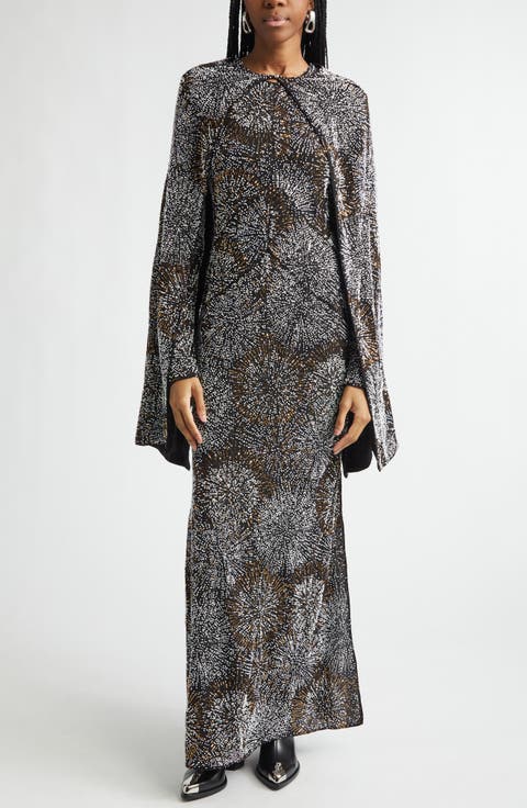 Firework Embellished Long Sleeve Crepe Gown with Detachable Cape