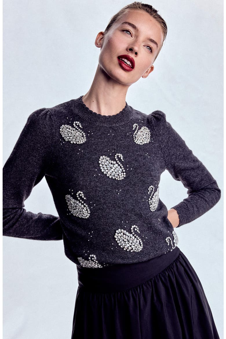 Elizabeth Swan Embellished Sweater, Main, color, CHARCOAL MELANGE SWANS