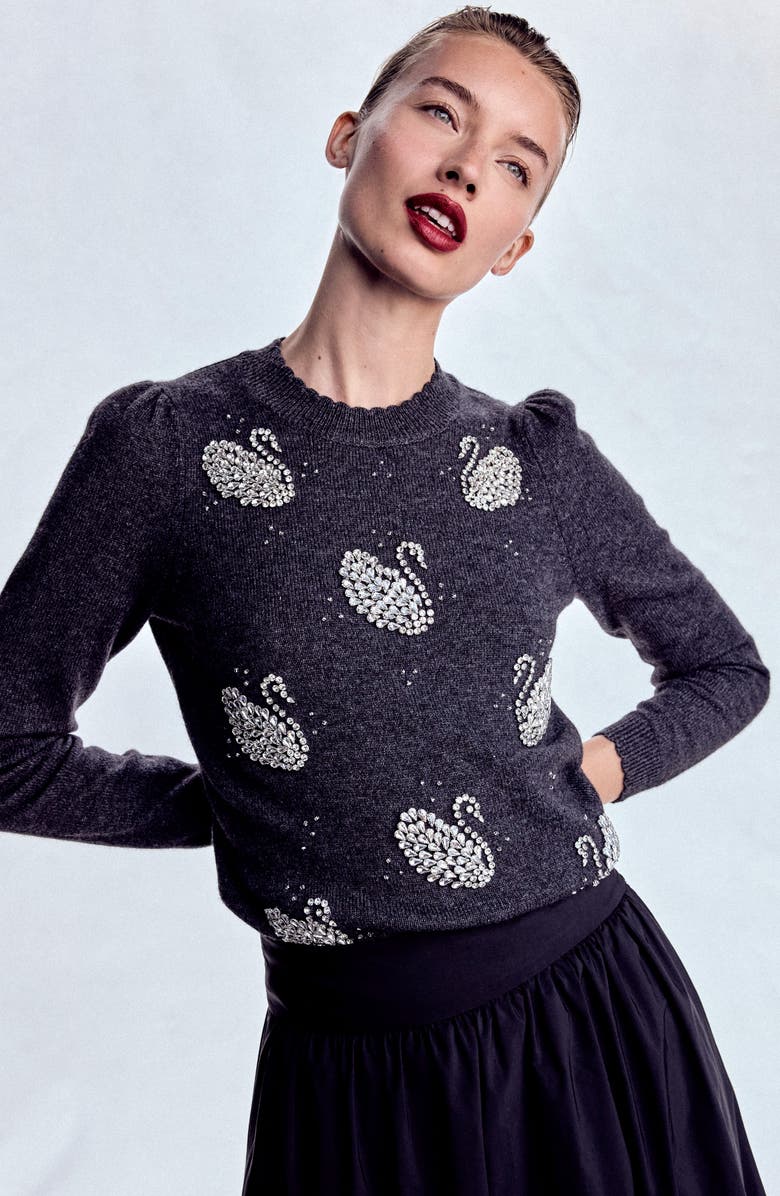 Boden Elizabeth Swan Embellished Sweater, Main, color, Charcoal Melange Swans