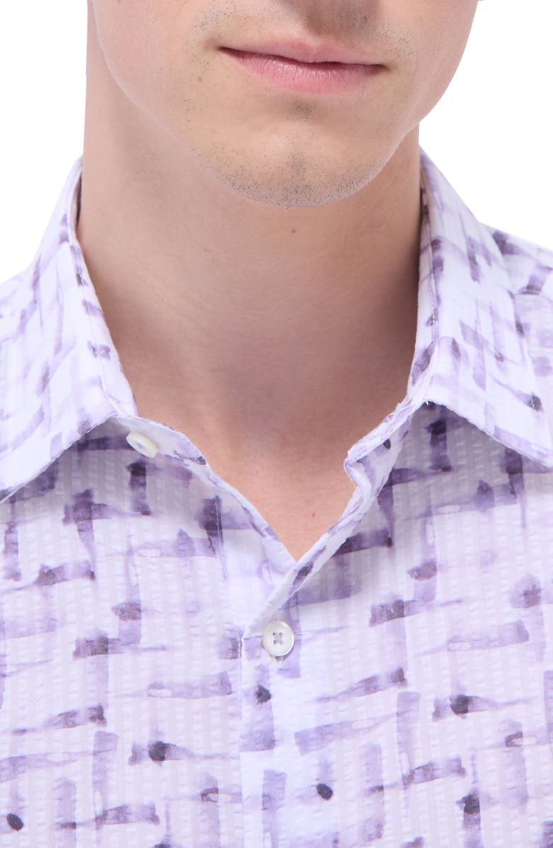 Bugatchi Orson Geo Print Short Sleeve Cotton Seersucker Button-Up Shirt, Alternate, color, Lilac