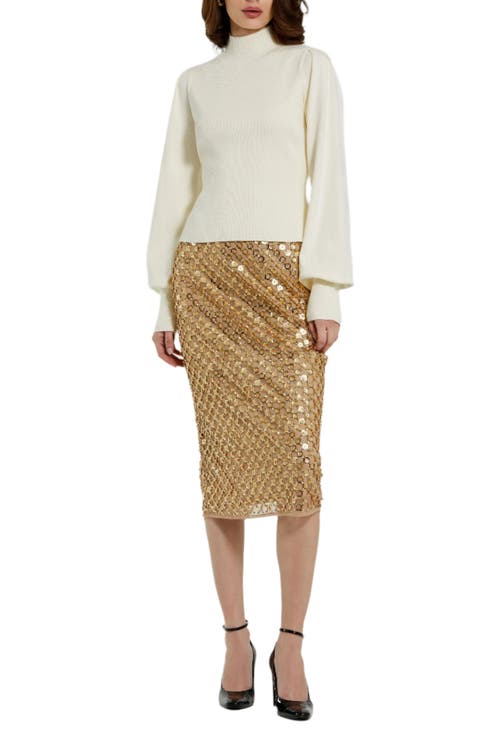 Mac Duggal Sequin Embellished Mesh Fitted Midi Pencil Skirt In Antique Gold
