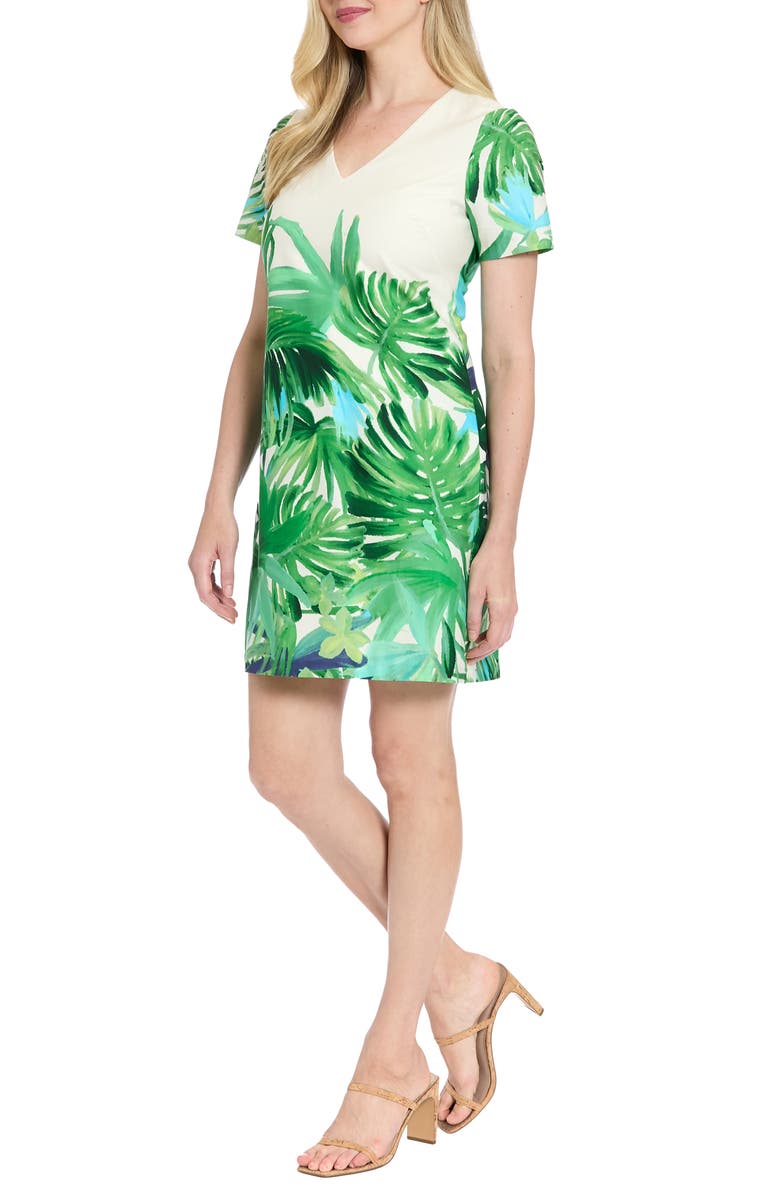 London Times Tropical Print Short Sleeve Stretch Cotton Sheath Dress, Alternate, color, Cream/ Green