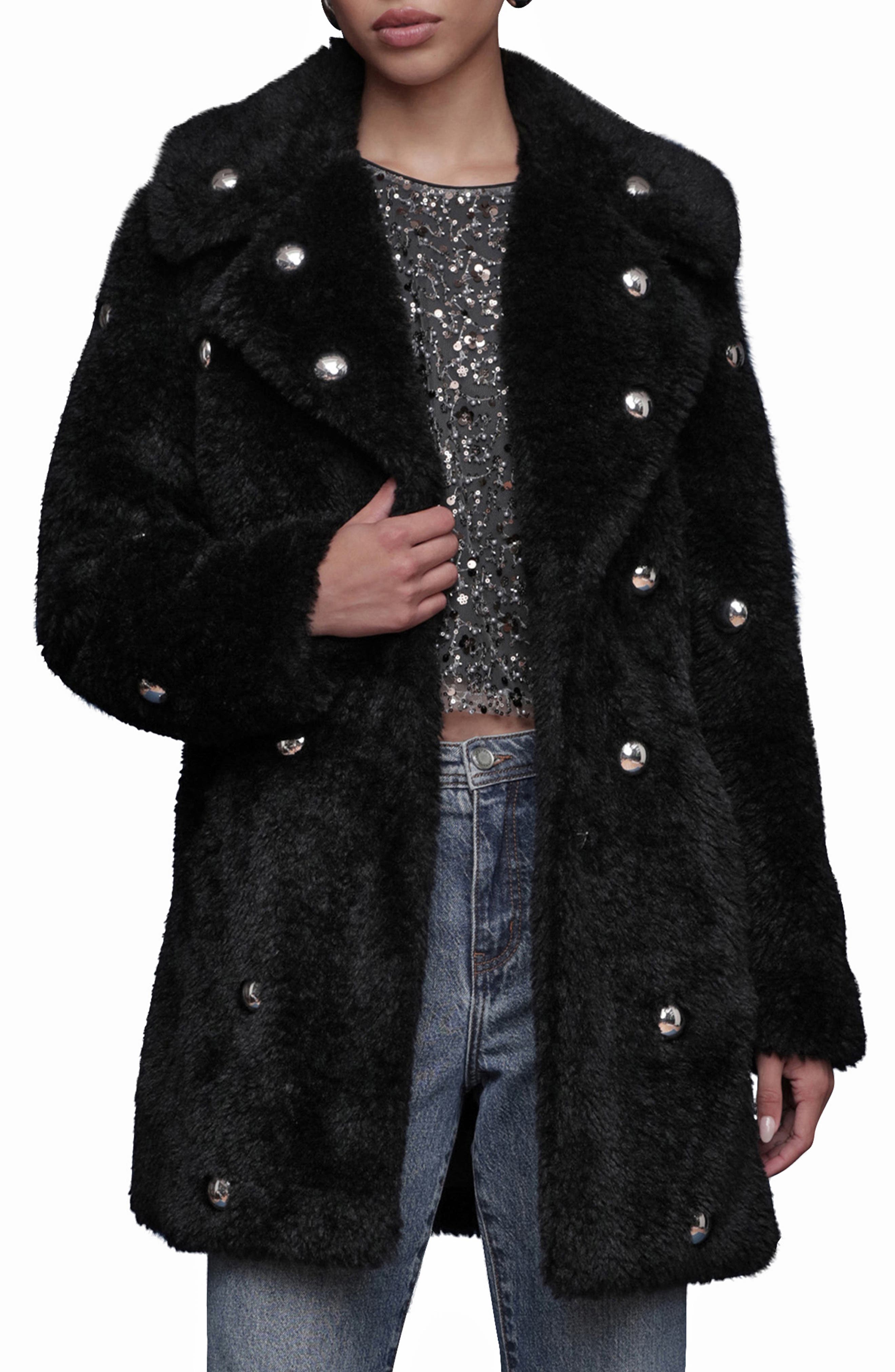Stud Detail Faux Fur Coat
