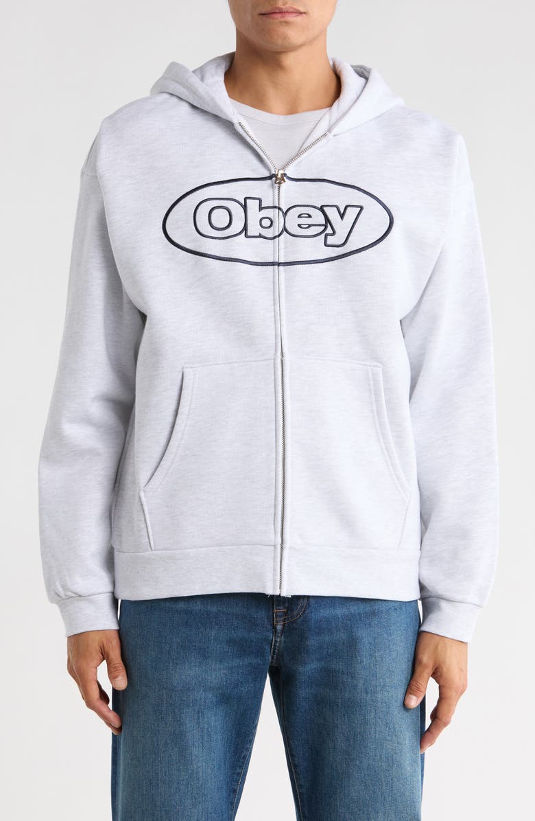 Obey Oval Logo Zip-Up Hoodie, Main, color, Ash Grey