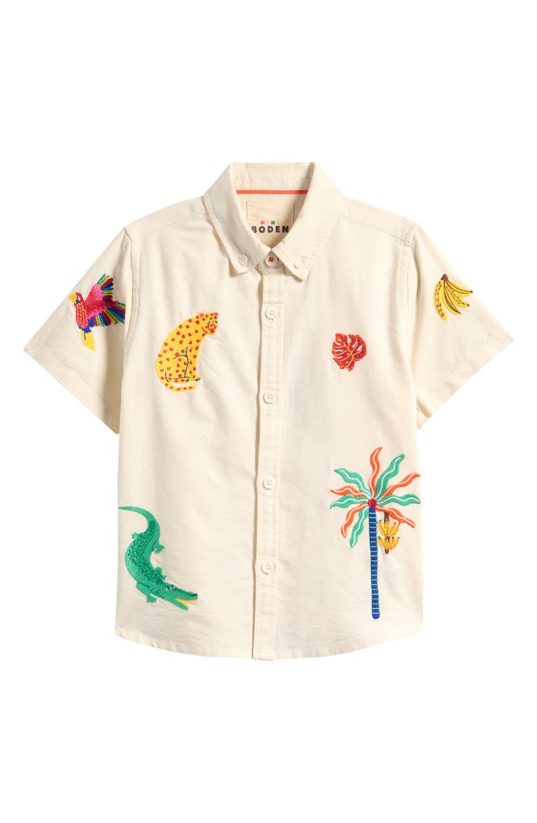 Mini Boden Kids' Fun Embroidered Cotton Button-Down Shirt, Main, color, 