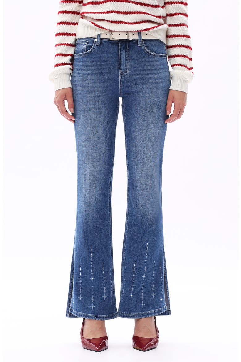 Print Split Hem Mid Rise Flare Jeans, Main, color, LIGHT BLUE