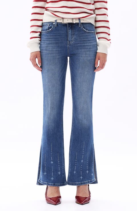 Print Split Hem Mid Rise Flare Jeans